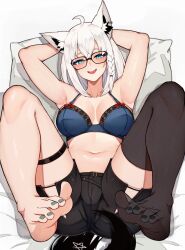 Rule 34 | 1girl, :d, ahoge, animal ear fluff, animal ears, arms up, bare arms, barefoot, bed sheet, black shorts, blue bra, blue eyes, blush, bra, braid, breasts, cameltoe, ear piercing, fox ears, fox tail, glasses, highres, hololive, large breasts, looking at viewer, lying, nail polish, navel, no shoes, on back, on bed, open mouth, piercing, pillow, shirakami fubuki, short shorts, shorts, single braid, single thighhigh, smile, solo, tail, thighhighs, toenail polish, toenails, underwear, varniskarnis, virtual youtuber, white hair