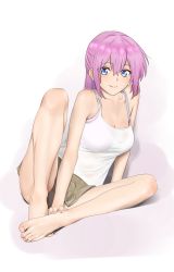 Rule 34 | 1girl, absurdres, arm support, bare legs, barefoot, blue eyes, bra, breasts, cleavage, closed mouth, collarbone, commentary request, eyelashes, feet, feet together, full body, hair between eyes, hand on own foot, highres, kawaii dake ja nai shikimori-san, knee up, knees apart feet together, large breasts, legs, long hair, looking at viewer, nail polish, pink background, pink bra, pink hair, pink nails, shikimori (kawaii dake ja nai), shirow (mha03133), short shorts, shorts, sidelocks, smile, solo, tank top, thighs, toenail polish, toenails, toes, underwear, white background