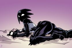 Rule 34 | 1girl, ass, boots, highres, klyntar, liefeldian abomination, mania (marvel), marvel, solo, spiked hair, spikes, symbiote