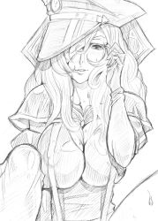 Rule 34 | 10s, 1girl, bad id, bad pixiv id, bandages, breasts, cleavage, gloves, greyscale, hair over one eye, hat, highres, impossible clothes, large breasts, looking at viewer, monochrome, parted lips, peaked cap, simple background, sketch, solo, star driver, suspenders, sweat, toryuu, watanabe kanako, white background