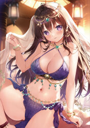 Rule 34 | 1girl, ahoge, anklet, arm support, bikini, bikini top only, blurry, blurry background, blush, bracelet, breasts, brown hair, cameltoe, ceiling light, criss-cross halter, crossed bangs, dancer, earrings, fingernails, gem, glint, gradient hair, green gemstone, hair between eyes, halterneck, hand up, harem outfit, head tilt, headpiece, heart-shaped gem, highres, indoors, jewelry, knee up, lamp, large breasts, looking at viewer, melonbooks, mikeou, multicolored hair, navel, neck ring, original, parted lips, pelvic curtain, purple bikini, purple eyes, purple hair, see-through, sitting, smile, solo, stomach, swimsuit, veil