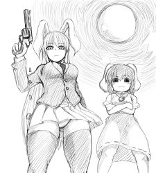 Rule 34 | &gt;:3, 2girls, :3, animal ears, blazer, breasts, bullet, rabbit ears, rabbit tail, carrot, crossed arms, dress, frown, geno (9999), gluteal fold, gun, inaba tewi, jacket, jewelry, long hair, looking down, monochrome, moon, multiple girls, necklace, panties, pantyshot, pleated skirt, reisen udongein inaba, short hair, skirt, standing, tail, thighhighs, thighs, touhou, underwear, v-shaped eyebrows, very long hair, weapon, white background, wind, wind lift