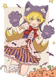 1girl absurdres alternate_costume animal_ears animal_hands bandage_on_thigh bandages bat_(animal) black_ribbon blonde_hair blush_stickers bow claw_pose commentary_request dress fake_animal_ears gloves halloween hat highres long_hair looking_at_viewer monogatari_(series) open_mouth orange_ribbon oshino_shinobu paw_gloves puffy_sleeves pumpkin red_bow red_ribbon ribbon solo yellow_eyes yoshikirino