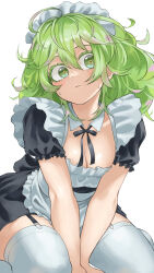 Rule 34 | 1girl, absurdres, alternate costume, apron, black dress, black ribbon, boku no hero academia, breasts, cleavage, closed mouth, colored eyelashes, dress, enmaided, fengling (furin-jp), garter straps, green eyes, green hair, hagakure tooru, highres, maid, maid apron, maid headdress, medium breasts, ribbon, seiza, sitting, solo, sweat, thighhighs, unusually visible, white thighhighs