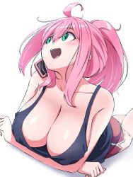 Rule 34 | 1girl, ahoge, arms under breasts, black tank top, breasts, cellphone, cleavage, collarbone, green eyes, gym shorts, highres, kay yu, large breasts, looking up, lying, medium hair, on stomach, open mouth, original, phone, pink-haired girl (kay yu), pink hair, ponytail, shorts, smartphone, solo, tank top, white background