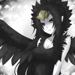 Rule 34 | 1girl, black hair, black wings, breasts, cleavage, colored sclera, colored skin, duel monster, fabled grimro, feathers, hair ornament, pale skin, pointy ears, red sclera, shintani tsushiya, solo, white skin, wings, yu-gi-oh!, yu-gi-oh! duel monsters