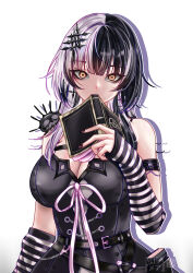 Rule 34 | 1girl, absurdres, belt, black choker, black dress, black hair, black nails, book, breasts, chest belt, choker, cleavage, commentary, dress, english commentary, grey hair, hair ornament, highres, holding, holding book, hololive, hololive english, lace-trimmed choker, lace trim, large breasts, long hair, looking at viewer, mea (manami030), multicolored hair, pink ribbon, ribbon, shiori novella, shiori novella (1st costume), simple background, solo, split-color hair, striped sleeves, two-tone hair, upper body, virtual youtuber, white background, yellow eyes