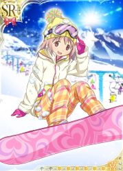 Rule 34 | 10s, 1girl, alternate costume, alternate hairstyle, coat, gloves, goggles, goggles on head, hair down, hat, kaname madoka, mahou shoujo madoka magica, mahou shoujo madoka magica plus, official art, pink eyes, pink hair, pom pom (clothes), sitting, ski goggles, smile, snow, snowboard, solo, trading card, winter clothes