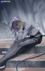 1girl alternate_costume animal_ears arknights artist_name black_skirt feet_out_of_frame grey_pantyhose highres leaning_forward lin_(arknights) long_hair long_sleeves looking_at_viewer miniskirt mouse_ears mouse_tail pantyhose purple_eyes purple_hair rainwords shirt sitting skirt solo stairs tail white_shirt