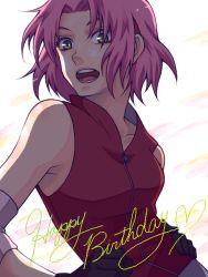 Rule 34 | 1girl, :d, arm warmers, bare shoulders, black gloves, blush, collarbone, english text, gloves, green eyes, hands on own hips, happy birthday, haruno sakura, heart, looking at viewer, may (kurhachi), naruto (series), naruto shippuuden, open mouth, parted bangs, pink hair, red shirt, round teeth, shirt, short hair, simple background, sleeveless, sleeveless shirt, smile, solo, teeth, tegaki, text focus, upper body, white background, zipper