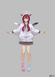 Rule 34 | 1girl, absurdres, aiharararara, alternate costume, bare legs, blue eyes, closed mouth, commentary, english commentary, eyelashes, full body, grey background, halo, heterochromia, highres, hololive, hololive english, hood, hood up, hoodie, horns, horns through hood, irys (hololive), lace, lace-trimmed skirt, lace trim, legs, long sleeves, looking at viewer, miniskirt, multicolored hair, nail polish, no shoes, oversized clothes, pink eyes, purple hair, red hair, red nails, shadow, signature, simple background, skirt, smile, socks, solo, standing, streaked hair, striped clothes, striped socks, twintails, virtual youtuber, white hoodie, wings