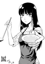 Rule 34 | 10s, 1girl, apron, artist name, blunt bangs, blush, casual, character name, closed mouth, commentary, dated, foreshortening, frown, girls und panzer, goshaku tama, greyscale, holding, ladle, long hair, looking at viewer, mature female, monochrome, nishizumi shiho, one-hour drawing challenge, plate, ribbed shirt, sauce, shirt, short sleeves, signature, solo, standing, tasting plate, upper body