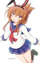 Rule 34 | 1girl, anchor symbol, animal ears, brown eyes, brown hair, folded ponytail, hairband, highres, inazuma (kancolle), kantai collection, loafers, long hair, looking at viewer, neckerchief, open mouth, rabbit ears, school uniform, serafuku, shoes, skirt, solo, tamayan, twitter username, white background