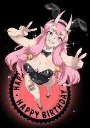 Rule 34 | 1girl, animal ears, artist name, bare arms, bare legs, bare shoulders, black bow, black bowtie, black leotard, blue eyes, blush, bow, bowtie, breasts, cleavage, collar, demon girl, detached collar, double v, eyebrows, fake animal ears, fangs, female focus, from above, full body, hands up, happy, heterochromia, high heels, horns, indie virtual youtuber, large breasts, leotard, long hair, looking at viewer, looking up, muse ts, oni, oni horns, open mouth, patreon username, pink eyes, pink hair, playboy bunny, pointy ears, rabbit ears, sebasdono, sidelocks, smile, solo, standing, teeth, thick eyebrows, thighs, upper teeth only, v, virtual youtuber, white collar