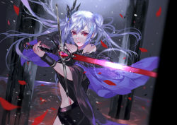 Rule 34 | 1girl, asymmetrical gloves, black dress, black gloves, blurry, blurry background, capelet, closed mouth, double bun, dress, earrings, floating hair, gloves, hair between eyes, hair bun, highres, holding, holding sword, holding weapon, jewelry, long hair, looking at viewer, midriff, navel, original, petals, purple capelet, red eyes, red lips, silver hair, single glove, solo, standing, stomach, sword, uneven gloves, v-shaped eyebrows, vardan, weapon, wide sleeves, wristband