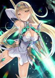 Rule 34 | 1girl, armor, blonde hair, blush, breasts, cleavage, dress, gloves, gluteal fold, highres, jewelry, large breasts, long hair, looking at viewer, mythra (xenoblade), nintendo, simple background, smile, solo, white background, xenoblade chronicles (series), xenoblade chronicles 2, xenoblade chronicles (series), xenoblade chronicles 2, yellow eyes