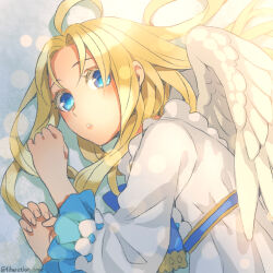 Rule 34 | 1girl, ahoge, blonde hair, blue eyes, dress, feathered wings, filo (tate no yuusha no nariagari), highres, long hair, long sleeves, looking at viewer, lying, minami seira, on side, parted lips, sidelocks, solo, tate no yuusha no nariagari, twitter username, upper body, white dress, white wings, wings
