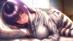 Rule 34 | 1girl, amakano 2, azarashi soft, bed, blush, breasts, closed mouth, embarrassed, female focus, game cg, green eyes, hair between eyes, highres, himiyama rei, hood, hoodie, indoors, large breasts, legs, long hair, looking at viewer, lying, on bed, on side, pillow, piromizu, purple hair, solo, striped legwear, sunlight, thighs, window
