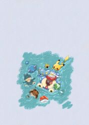 Rule 34 | afloat, animal focus, black eyes, blue background, closed eyes, colored skin, commentary, creatures (company), crossed legs, eevee, fangs, game freak, gen 1 pokemon, gen 2 pokemon, gen 4 pokemon, gen 8 pokemon, highres, lying, marill, munchlax, nintendo, no humans, on back, pikachu, pokemon, pokemon (creature), rabbit, raboot, shinx, simple background, snorlax, sprigatito, symbol-only commentary, tail, voltorb, yellow skin, zozozoshion