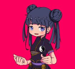 Rule 34 | 1girl, bell, black hair, blunt bangs, chinese clothes, double bun, hair bun, jingle bell, looking at viewer, medium hair, nao97122, open mouth, original, pink background, purple eyes, short sleeves, simple background, solo, standing, twintails, upper body, yin yang, yin yang print
