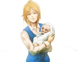 Rule 34 | 1girl, baby, baby carry, bad id, bad pixiv id, blonde hair, carrying, closed eyes, long sleeves, lost, nein (album), ponytail, red vest, redfox, skeleton, smile, solo, sound horizon, vest, yurikago (sound horizon)