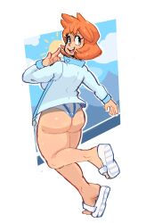 Rule 34 | 1girl, aqua eyes, armpits, ass, bare legs, blush, breasts, competition swimsuit, cowboy shot, creatures (company), curvy, game freak, gym leader, highres, huge ass, jacket, large breasts, legs, misty (pokemon), navel, nintendo, one-piece swimsuit, open mouth, orange hair, pokemon, pokemon hgss, sandals, short hair, smile, solo, standing, swimsuit, thick thighs, thighs, viennais8, wedgie, white jacket, white one-piece swimsuit