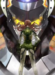 Rule 34 | 1girl, ass, brown hair, clenched hand, eva 05, evangelion: 2.0 you can (not) advance, floating hair, from behind, glowing, hand on own hip, highres, kdm (ke dama), makinami mari illustrious, mecha, neon genesis evangelion, pilot suit, plugsuit, rebuild of evangelion, robot, science fiction, solo focus, twintails, visor