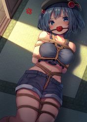 Rule 34 | 1girl, anger vein, arms behind back, ball gag, bdsm, blue eyes, blue hair, bondage, bound, breasts, commentary request, covered erect nipples, crotch rope, door, gag, gagged, hair bobbles, hair ornament, hat, highres, kawashiro nitori, lying, mamemochi, midriff, on back, on floor, rope, shibari, shibari over clothes, shorts, solo, tank top, touhou, twintails, wiffle gag