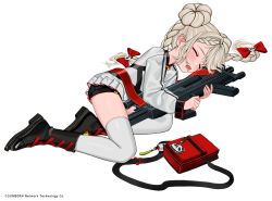Rule 34 | 1girl, assault rifle, bag, unworn bag, black footwear, black shorts, blush, boots, bow, braid, cf05 (girls&#039; frontline), cf05 (king of hotpotland) (girls&#039; frontline), closed eyes, double bun, doughnut hair bun, drooling, girls&#039; frontline, grey shirt, gun, hair bow, hair bun, hair spread out, holding, holding gun, holding weapon, hugging object, long sleeves, luicent, lying, mouth drool, official art, on side, parted lips, red bow, rifle, shirt, shorts, simple background, sleeping, solo, thighhighs, twin braids, weapon, white background, white thighhighs
