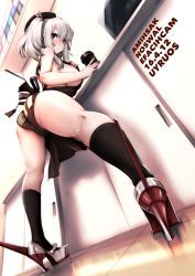 Rule 34 | 10s, 1girl, apron, ass, black socks, blue eyes, blush, breasts, brown panties, cup, floor, hat, highres, kantai collection, kashima (kancolle), kneehighs, large breasts, long hair, looking back, nearly naked apron, nipple slip, nipples, open mouth, panties, shoes, sideboob, silver hair, socks, solo, souryu, spread legs, thighs, twintails, underwear, wavy hair
