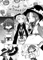 Rule 34 | 10s, 3girls, :d, ;d, comic, detached sleeves, greyscale, hairband, halloween, hat, hiei (kancolle), highres, kantai collection, long hair, low twintails, maiku, monochrome, multiple girls, nontraditional miko, one eye closed, open mouth, samidare (kancolle), school uniform, serafuku, short hair, smile, suzukaze (kancolle), translation request, twintails, witch hat