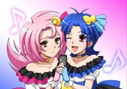 Rule 34 | 10s, 2girls, artist request, bare shoulders, blue gloves, blue hair, blush, card, cardfight!! vanguard, cardfight!! vanguard g, choker, chouno am, collarbone, fingerless gloves, gloves, gradient background, hair ornament, hairpin, long hair, looking at viewer, multiple girls, musical note, one eye closed, pink gloves, pink hair, puffy short sleeves, puffy sleeves, red eyes, short hair, short sleeves, simple background, smile, tagme, wink, yellow eyes, yumizuki luna