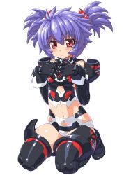 Rule 34 | 10s, 1girl, altines, bad id, bad pixiv id, bare shoulders, blush, busou shinki, character name, dd (ijigendd), doll joints, elbow gloves, gloves, joints, navel, purple hair, red eyes, seiza, short twintails, sitting, smile, solo, thighhighs, twintails