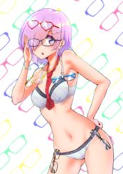 Rule 34 | 1girl, adjusting eyewear, alternate costume, between breasts, black-framed eyewear, blue-framed eyewear, blush, bra, bracelet, breasts, clothes writing, commentary request, contrapposto, cowboy shot, crotch seam, english text, eyewear on head, fate/grand order, fate (series), frown, glasses, gluteal fold, hair over one eye, hand on own hip, heart, highres, jewelry, lace, lace-trimmed bra, lace-trimmed panties, lace trim, light blush, light purple hair, looking at viewer, mash kyrielight, medium breasts, navel, necktie, open mouth, panties, print bra, print panties, purple eyes, red necktie, sarujie (broken monky), semi-rimless eyewear, short hair, solo, sparkle, standing, under-rim eyewear, underwear, underwear only, yellow-framed eyewear