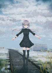 Rule 34 | 1girl, :d, bandaged arm, bandages, black dress, black thighhighs, blood, blue sky, blurry, blurry foreground, building, cloud, cloudy sky, commentary request, depth of field, dress, floating hair, grey eyes, hair between eyes, hair ornament, halo, highres, long hair, long sleeves, looking at viewer, open mouth, original, outdoors, railroad tracks, ruins, sakanaoishiiumauma, sidelocks, silver hair, sky, smile, solo, standing, standing on one leg, thighhighs, very long hair, x hair ornament