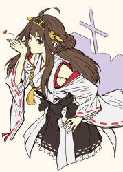 Rule 34 | 10s, 1girl, ahoge, black eyes, blowing kiss, blush, braid, breasts, brown hair, detached sleeves, flat color, hair ornament, hand on own hip, heart, japanese clothes, kantai collection, kongou (kancolle), long hair, no legs, one eye closed, shiba itsuki, smile, solo, wink