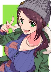 Rule 34 | 1girl, blush, border, breasts, brown hair, cleavage, collarbone, doriyamatsurugi, earrings, from above, fur-trimmed jacket, fur trim, green background, green eyes, green jacket, grey headwear, hand up, highres, idolmaster, idolmaster cinderella girls, idolmaster cinderella girls starlight stage, jacket, jewelry, knit hat, large breasts, long hair, long sleeves, looking at viewer, necklace, open clothes, open jacket, open mouth, outside border, ponytail, purple shirt, shirt, smile, solo, teeth, upper teeth only, w, white border, yamato aki