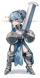 Rule 34 | 1girl, absurdres, armor, armored boots, armored dress, blue dress, blue hair, boots, braid, braided bun, breastplate, brown eyes, brown hairband, buckler, closed mouth, dress, gauntlets, greatsword, hair between eyes, hair bun, hairband, hashtag only commentary, highres, holding, holding sword, holding weapon, pelvic curtain, shadow, shield, short hair, sidelocks, simple background, smile, solo, stoll (tmxhf), sword, unicorn overlord, virginia (unicorn overlord), weapon, white background