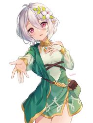 Rule 34 | 1girl, antenna hair, bare shoulders, blush, bridal gauntlets, commentary, cowboy shot, detached sleeves, dress, english commentary, flower, green dress, grey hair, hair between eyes, hair flower, hair ornament, head tilt, highres, hitsukuya, kokkoro (princess connect!), long sleeves, outstretched arm, parted lips, pointy ears, princess connect!, puffy long sleeves, puffy sleeves, red eyes, see-through, see-through sleeves, signature, simple background, sleeveless, sleeveless dress, smile, solo, white background, white flower