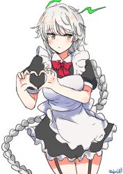 Rule 34 | 1girl, absurdres, alternate costume, apron, asymmetrical hair, black dress, bow, braid, dress, enmaided, frilled apron, frilled dress, frills, garter straps, heart, heart hands, highres, kantai collection, long hair, looking at viewer, maid, one-hour drawing challenge, red bow, robinson (day l full), simple background, single braid, solo, unryuu (kancolle), very long hair, white apron, white background, white hair, yellow eyes