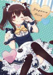 Rule 34 | 10s, 1girl, ;q, animal ears, apron, black hair, black nails, black thighhighs, blush, bow, bowtie, cat ears, cat hair ornament, cat tail, center frills, character name, dress, frilled apron, frilled cuffs, frilled dress, frills, hair ornament, hairpin, heart, kemonomimi mode, licking lips, love live!, love live! school idol project, maid, maid headdress, nail polish, one eye closed, polka dot, polka dot background, puffy short sleeves, puffy sleeves, red eyes, sakuramochi n, short hair, short sleeves, smile, solo, striped, striped background, tail, thighhighs, tongue, tongue out, twintails, waist apron, wrist cuffs, yazawa nico, yellow bow, yellow bowtie
