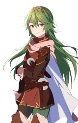 Rule 34 | 1girl, alternate color, belt, belt buckle, boots, buckle, cape, fire emblem, fire emblem awakening, gloves, green hair, highres, long hair, long sleeves, looking at viewer, lucina (fire emblem), nintendo, open mouth, ribbed sweater, ryon (ryonhei), shirt, simple background, solo, sweater, symbol-shaped pupils, thigh boots, thighhighs, tiara, turtleneck, very long hair, white background, wrist cuffs
