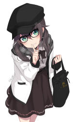 Rule 34 | 1girl, aqua eyes, bag, black-framed eyewear, black bag, black bow, black bowtie, black choker, black hat, blush, bow, bowtie, breasts, brown hair, brown skirt, cabbie hat, choker, closed mouth, commentary, cowboy shot, earrings, finger to mouth, from above, glasses, grey jacket, grey shirt, grin, hair between eyes, handbag, hat, holding, holding bag, hololive, hood, hooded jacket, jacket, jewelry, long sleeves, looking at viewer, medium hair, minamura haruki, multicolored clothes, multicolored jacket, natsuiro matsuri, natsuiro matsuri (casual), official alternate costume, plaid, plaid jacket, plaid shirt, shirt, shirt tucked in, simple background, skirt, small breasts, smile, solo, twintails, twitter username, two-sided fabric, two-sided jacket, two-tone jacket, virtual youtuber, white background, white jacket