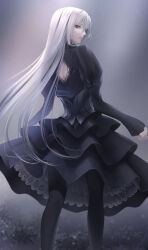 Rule 34 | 1girl, back cutout, black corset, black dress, black pantyhose, closed mouth, clothing cutout, corset, dress, erise, frilled dress, frills, from behind, grey eyes, highres, long hair, long sleeves, looking at viewer, looking back, original, pantyhose, skirt, solo, standing, very long hair, white hair