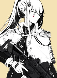 Rule 34 | 1girl, assault rifle, cloak, closed mouth, cross hair ornament, girls&#039; frontline, gloves, greyscale, greyscale with colored background, gun, h&amp;k hk416, hair ornament, hk416 (girls&#039; frontline), hk416 (percussive bolero) (girls&#039; frontline), holding, holding weapon, long hair, looking away, monochrome, official alternate costume, ponytail, rifle, serious, solo, standing, umi okami kun, uniform, weapon, yellow background