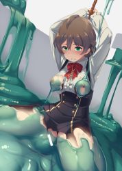 Rule 34 | 10s, 1girl, ahoge, arms up, bar censor, bdsm, black dress, black skirt, blush, bondage, bound, bow, bowtie, braid, breasts, breasts out, brown hair, censored, center frills, clenched teeth, dress, frilled shirt, frills, green eyes, highres, idolmaster, idolmaster million live!, jewelry, karisuwaya, light brown hair, long sleeves, medium breasts, necklace, nipples, red bow, red bowtie, ribbon, sakuramori kaori, shirt, sitting, skirt, slime (substance), solo, sweat, teeth, torn clothes