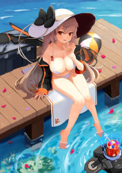 Rule 34 | 1girl, :d, absurdres, afloat, arm at side, ball, bare arms, bare shoulders, barefoot, beachball, bikini, black bow, black jacket, blush, body writing, bow, box, breast tattoo, breasts, brown hair, character name, cleavage, collarbone, cup, day, dopamine70, drink, drinking glass, drinking straw, fingernails, full body, girls&#039; frontline, has bad revision, has downscaled revision, hat, hat bow, highres, index finger raised, jacket, knees together feet apart, large breasts, leaning forward, long hair, long sleeves, looking at viewer, m37 (girls&#039; frontline), m37 (summer parader) (girls&#039; frontline), md5 mismatch, nail polish, official alternate costume, open clothes, open jacket, open mouth, orange eyes, petals, pier, pink nails, resolution mismatch, sitting, sleeves past wrists, smile, soaking feet, solo, source smaller, sun hat, swimsuit, tattoo, thigh gap, towel, water, white bikini, white hat