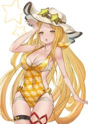 Rule 34 | bad id, bad pixiv id, bikini, blonde hair, blush, breasts, cleavage, cowboy shot, diola (granblue fantasy), granblue fantasy, hat, long hair, one-piece swimsuit, parted bangs, reido (reido c), simple background, solo, standing, swimsuit, thigh strap, white background, white hat, yellow eyes, yellow one-piece swimsuit