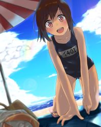 Rule 34 | 10s, 1girl, bad id, bad pixiv id, beach umbrella, blurry, brown eyes, brown hair, cloud, cloudy sky, day, depth of field, dutch angle, highres, i-401 (kancolle), kantai collection, kneeling, koppeosechi, leaning forward, lens flare, ponytail, rainbow, sandals, sky, skyline, smile, solo, swimsuit, umbrella