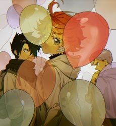 Rule 34 | 1girl, 2boys, ahoge, backpack, bag, balloon, bandaged ear, bandages, black eyes, black hair, black scarf, chinese commentary, commentary request, emma (yakusoku no neverland), eyelashes, green eyes, grey bag, hand on own chin, highres, hood, hoodie, jacket, looking back, multiple boys, neck tattoo, norman (yakusoku no neverland), number tattoo, orange hair, partial commentary, qin (7833198), ray (yakusoku no neverland), sanpaku, scarf, serious, short hair, simple background, tattoo, wavy hair, white background, white hoodie, white jacket, yakusoku no neverland